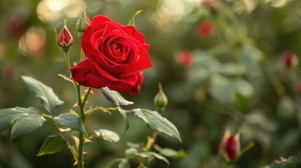 A single red rose in full bloom, surrounded by budding roses and green foliage.