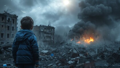 Child standing alone in war-torn ruins.