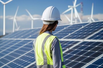 A female engineer wearing a safety helmet is carefully inspecting solar panels and wind turbines at a renewable energy farm, championing green technology and sustainability in the industry