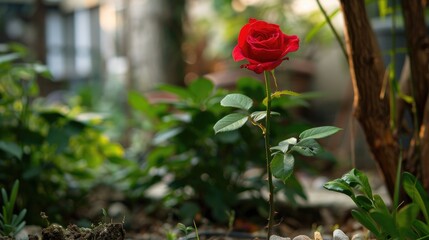 A single red rose standing tall in a flowerbed, surrounded by green plants.