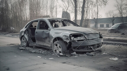 Car accident, broken damaged body metal. Life insurance, technology. AI generated.