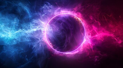 Fototapeta premium abstract background with neon smoke and glowing ring on black, blue purple pink color