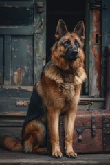 A German Shepherd sits patiently on a porch, looking up with a thoughtful expression. A vintage suitcase sits beside the dog.