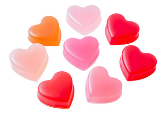 Heap of heart shaped jellies on white background. Valentines Day greeting card concept. Copy space
