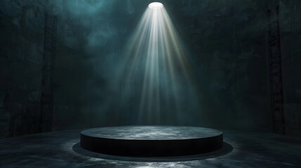 Dark empty scene with a spotlight shining down on a round stage. The background is in the style of a mockup, template, 3D rendering or illustration.
