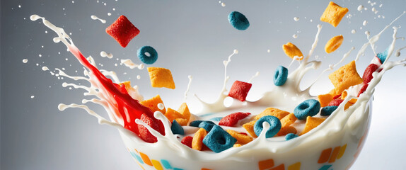 Colorful cereal flying and splashing into bowl of milk with blank grey background