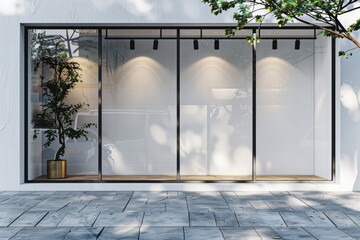 Minimal branding shop window mockup door indoors plant.