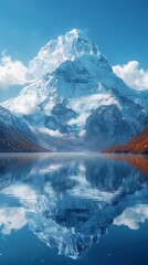 A majestic snow-capped mountain reflected in a still lake, surrounded by autumnal hills.