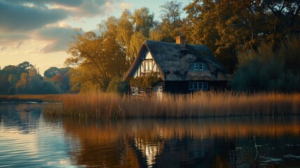 Cozy Thatched Cottage by Tranquil Lake at Sunset, Beautiful Autumn Reflections