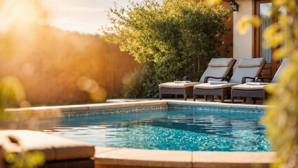 Sun shining on modern backyard pool with empty lounge chairs