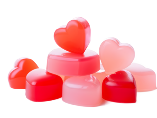 Heap of heart shaped jellies on white background. Valentines Day greeting card concept. Copy space
