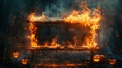 Burning Wooden Sign With Jack-O-Lanterns in the Forest.