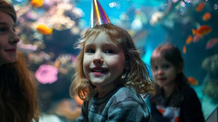 Happy children at an aquarium birthday party looking at colorful fish while wearing fun party hats and smiling for a joyful celebration.