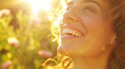 Fototapeta premium A young woman laughs joyfully, bathed in warm sunlight, with a field of flowers behind her.
