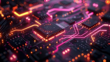 Obraz premium Abstract digital circuit board with glowing pink and orange wires.
