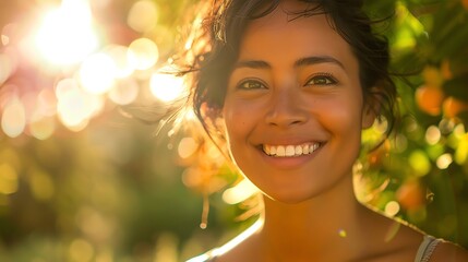 Fototapeta premium A young woman smiles brightly, bathed in the warm glow of the setting sun. Her eyes sparkle with happiness.