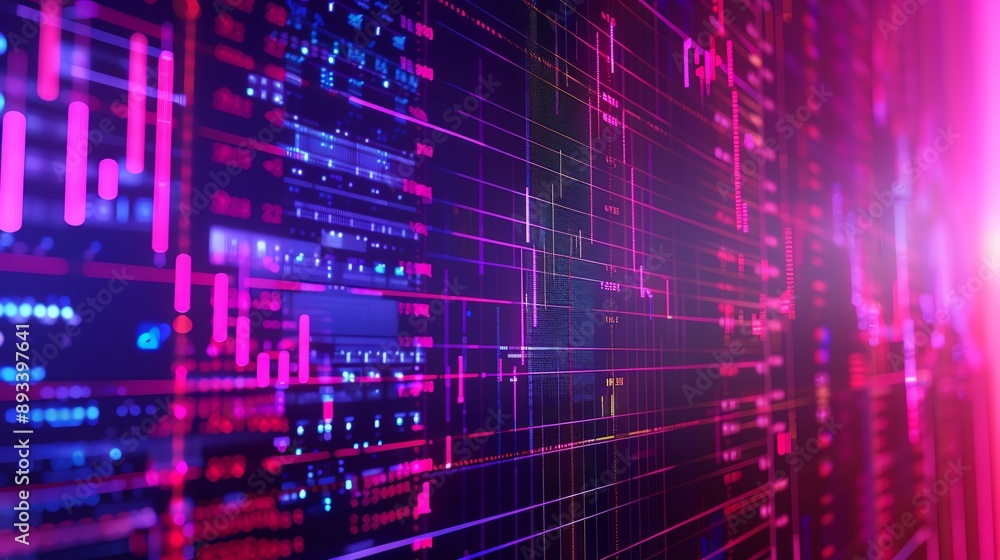 Poster abstract digital background with glowing lines and data streams in pink and blue hues. a futuristic 