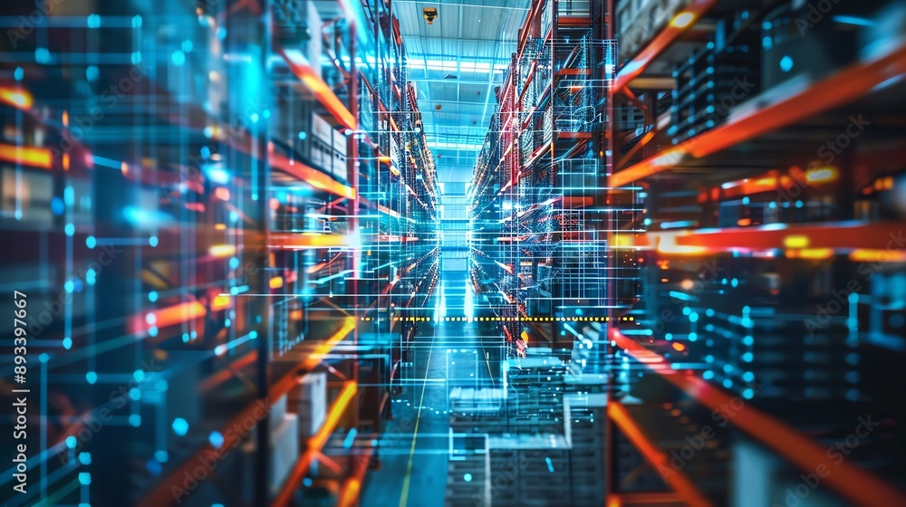 Poster abstract digital data center with glowing lines and shelves.