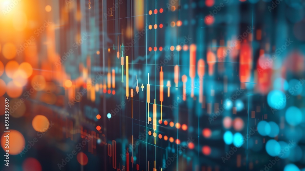 Poster abstract digital data visualization with glowing lines and bokeh lights. financial technology, data 