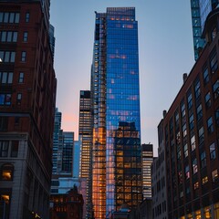 Fototapeta premium A tall building among other tall buildings, a skyscraper, with modern architecture 