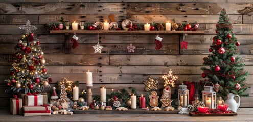 Obraz premium Christmas Trees and Candles on Wooden Background