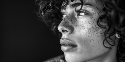 A close-up photo of a person's face featuring prominent freckles