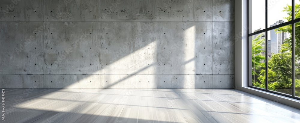 Poster sun shining through large windows in an empty room with concrete wall