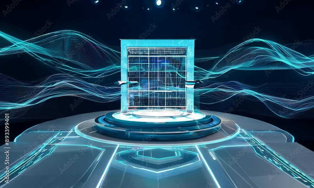 Poster digital sci-fi deep cyber stage waves technology cyber lines background tech hud hologram grid video