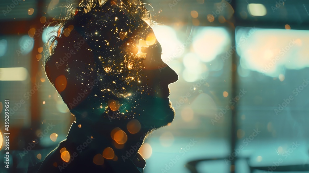 Poster silhouette of a man's profile against a window with a warm, golden light shining through. the light 