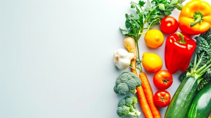 Fresh colorful vegetables arranged on a light background. Healthy food concept. Brightly colored produce for cooking or salad. Modern and clean style. Ideal for healthy eating blogs or articles. AI