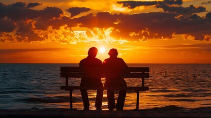 Obraz premium Silhouettes of a couple sitting on a bench, watching a fiery sunset over the ocean
