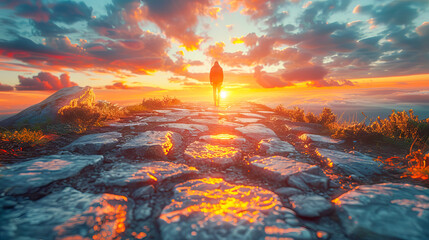 Hiker walking on rocky path at sunrise facing challenges on the road to success