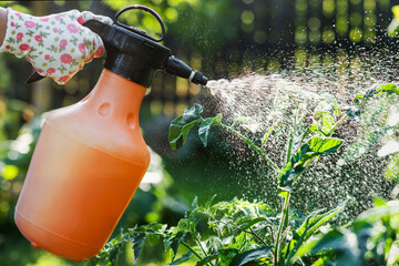 Spraying Tomato Plant against Fungal Infection and Diseases. Pestiside and Chemicals Spray. Pest...
