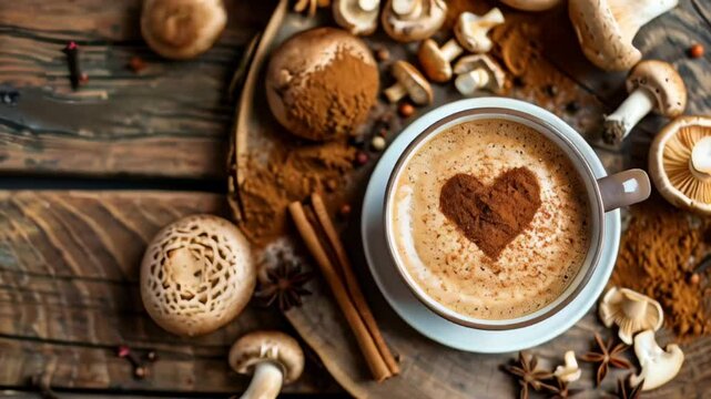 Heartwarming Coffee with Spices and Mushrooms on Wooden Table