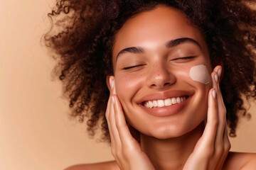 A woman is happily applying skincare cream and exuding confidence in her beauty routine