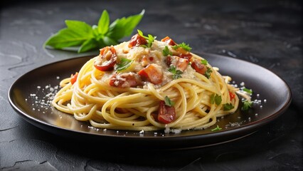 succulent spaghetti carbonara smothered in rich sauce, crispy bacon, and parmesan, elegantly presented on a sleek black plate.