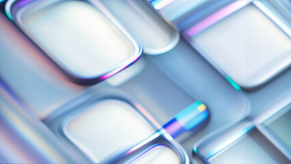 Abstract wallpaper with glowing 3D grid, waves, geometric square cube, reflective material glass, glowing plasma, swirling lines, shapes on light white glowing background with motion blur effect.