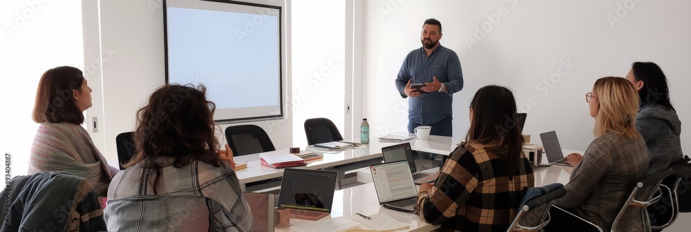 Aufkleber A diverse team in a modern workplace is engaged in a business presentation, focusing on teamwork and collaboration. They are utilizing technology and interactive tools to discuss business strategy
