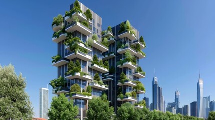 Fototapeta premium A skyline dominated by towers covered in lush, vertical forests that climb hundreds of meters into the sky.