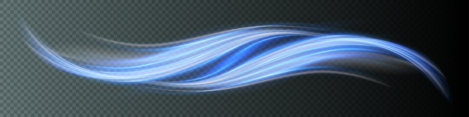 Soft blue glowing curved lines. 3D vector glossy waves. Air effect. isolated on transparent background.