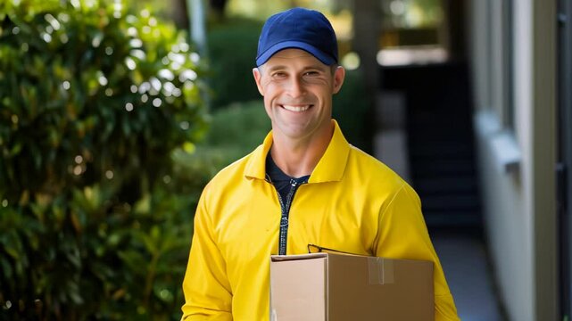 A smiling delivery person int holding a cardboard package, presumably delivering it to a customer