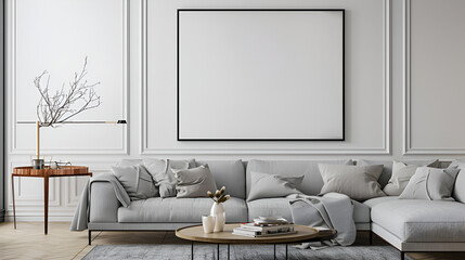 Fototapeta premium aesthetic interior with large sofa and decorative items,Canvas mockup in modern interior, blank white frame on the wall of living room,Canvas in modern interior, blank white frame on the wall 