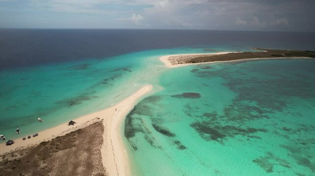 Cayo de agua in los roques with turquoise waters and sandy isthmus, aerial view