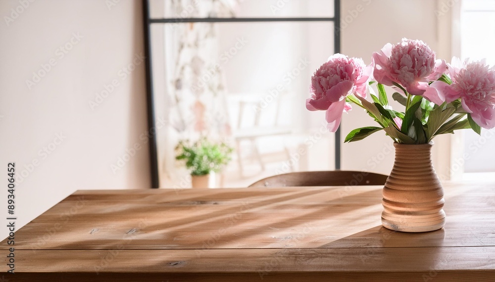 Canvas Prints a wooden table with a vase of pink flowers on it