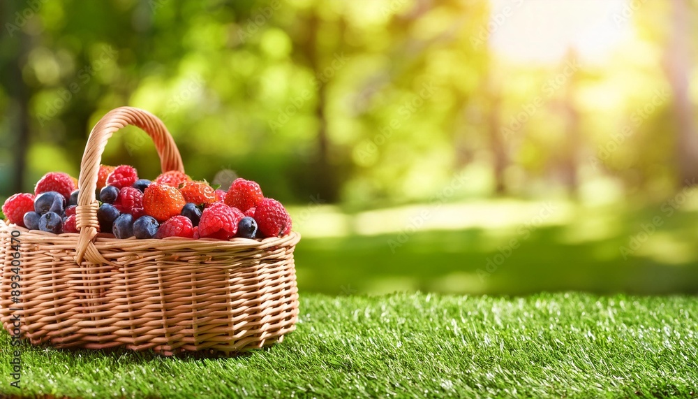 Poster basket with fresh berries at a picnic bright sunlight green background