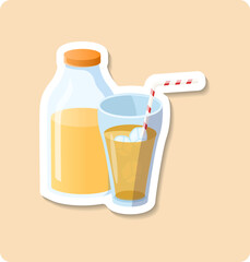 Refreshing orange juice in glass and bottle with ice and straw on green background