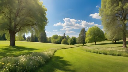 Gorgeous large format picture of a sunny summer day with a well-kept country lawn encircled by plants and trees. Nature in springtime and summer