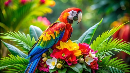 Vibrant colorful parrot perched on a bouquet of exotic flowers with lush green leaves and tropical foliage in a whimsical design.