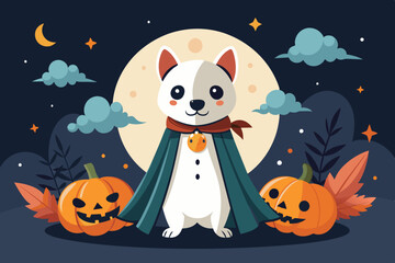 Fototapeta premium Halloween hound: a cute dog in a ghostly robe amidst pumpkins ideal for greeting cards, children's books, festive decor, pet-themed holiday illustrations