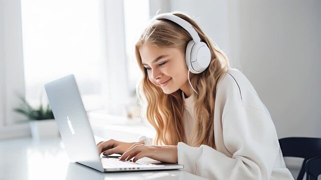 A focused young woman engaging in online learning, using a laptop and wearing headphones in a bright, modern setting